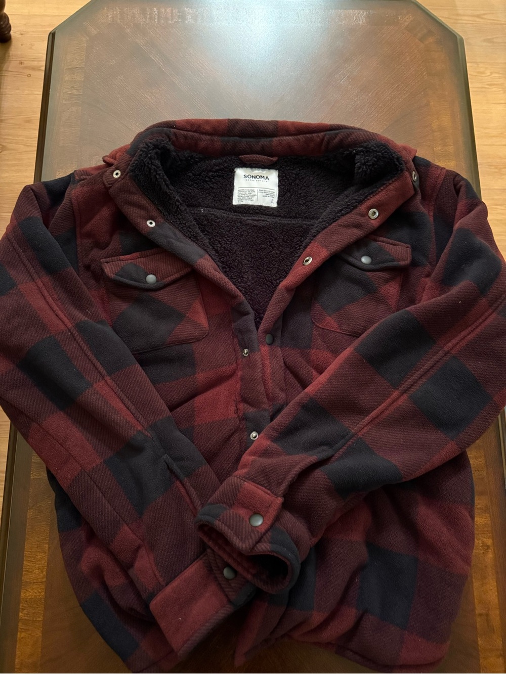 Sonoma Men's Burgundy and Black Plaid Sherpa-Lined Shirt Jacket